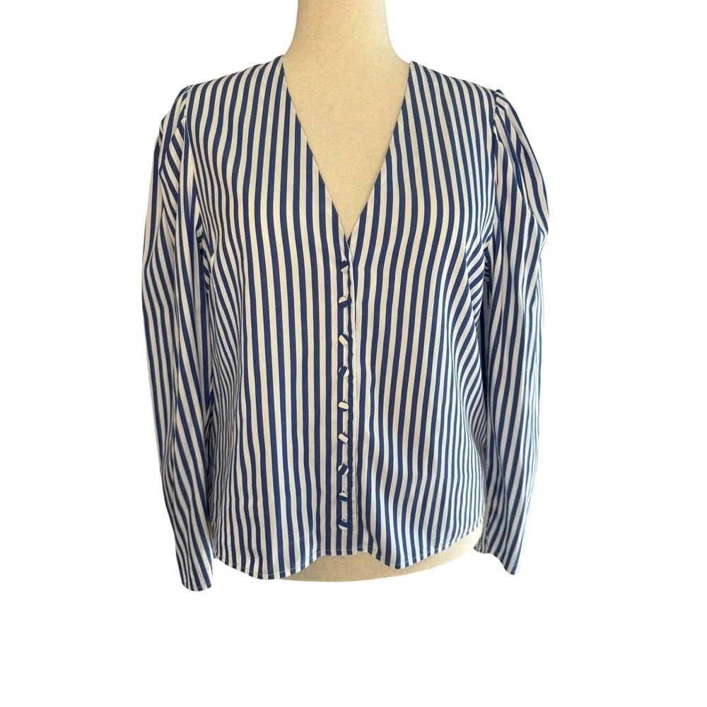Madewell French Blue White Stacked-Button V-Neck Shirt in Poplin NZ420 XL NEW
